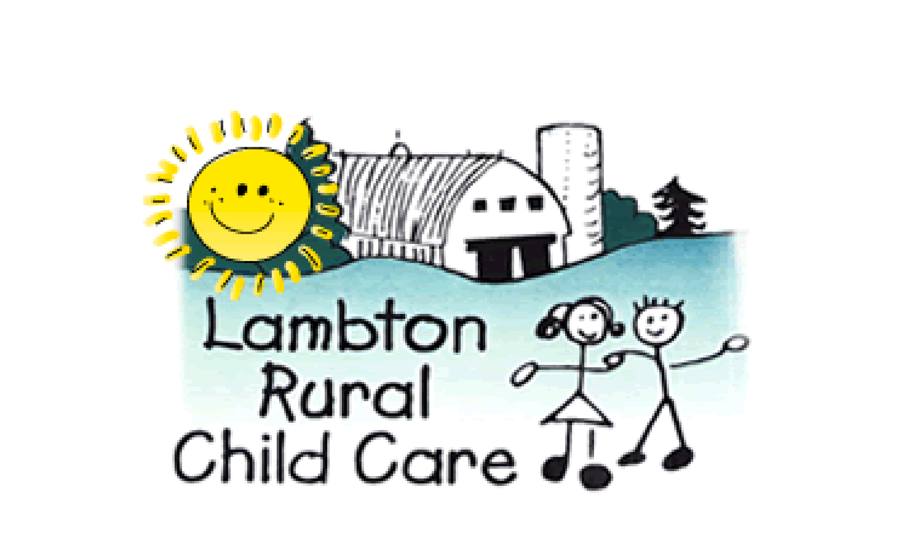 Lambton Rural Child Care logo with stick figure illustrations of two people standing in front of a barn and sun