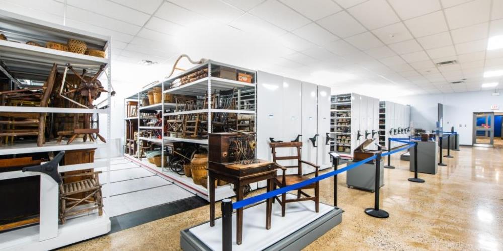 Mobile shelving filled with artifacts in Lambton Heritage Museum's Collections Display