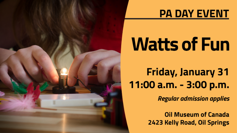 Image of a person lighting up a small light bulb in an experiment, along with the text: PA Day Event Watts of Fun, Friday, January 31 11 a.m. to 3 p.m., regular admission applies, along with the address for the Oil Museum of Canada