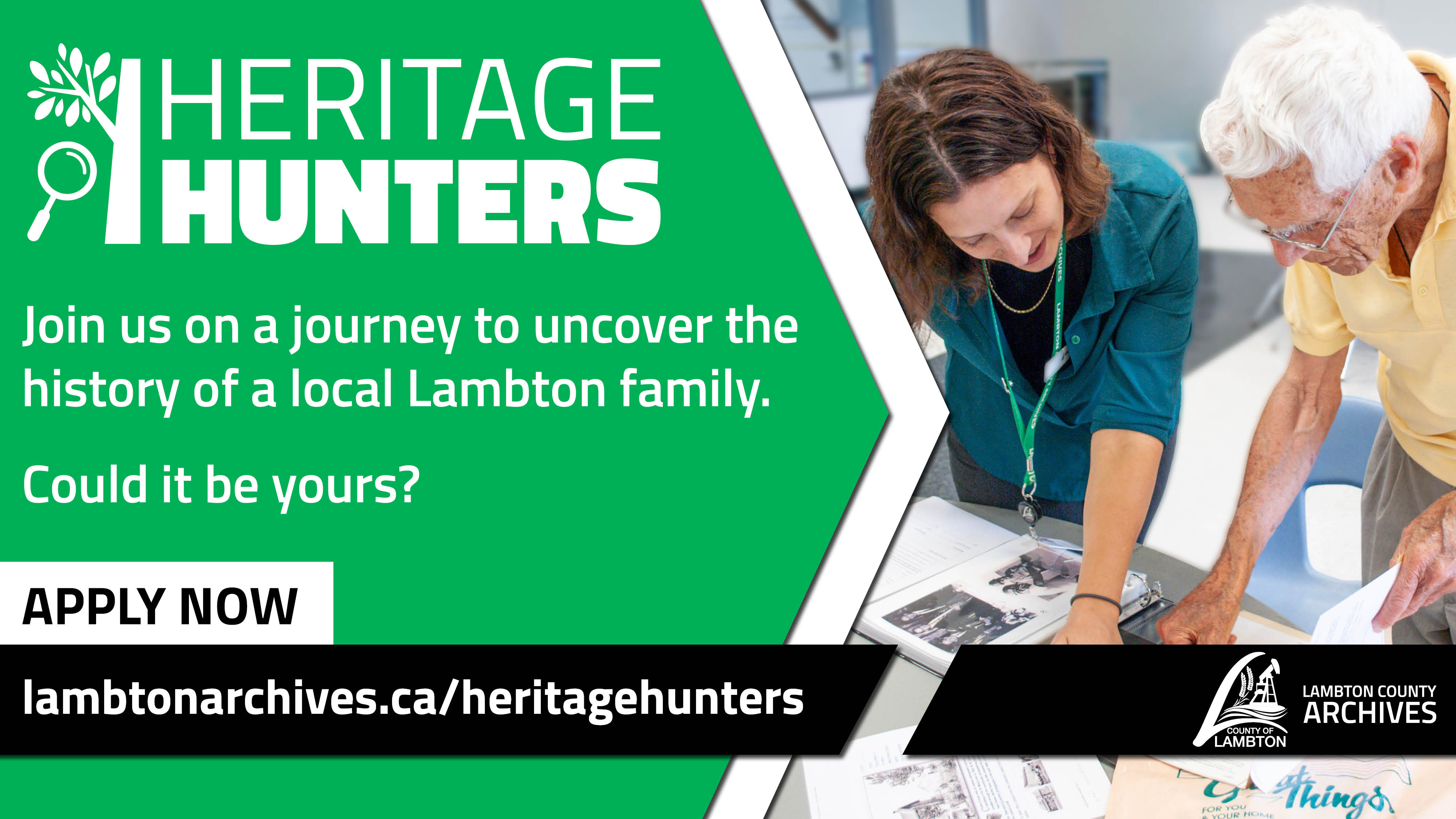 Heritage Hunters promotional image with text information of a woman and senior man looking at historical documents