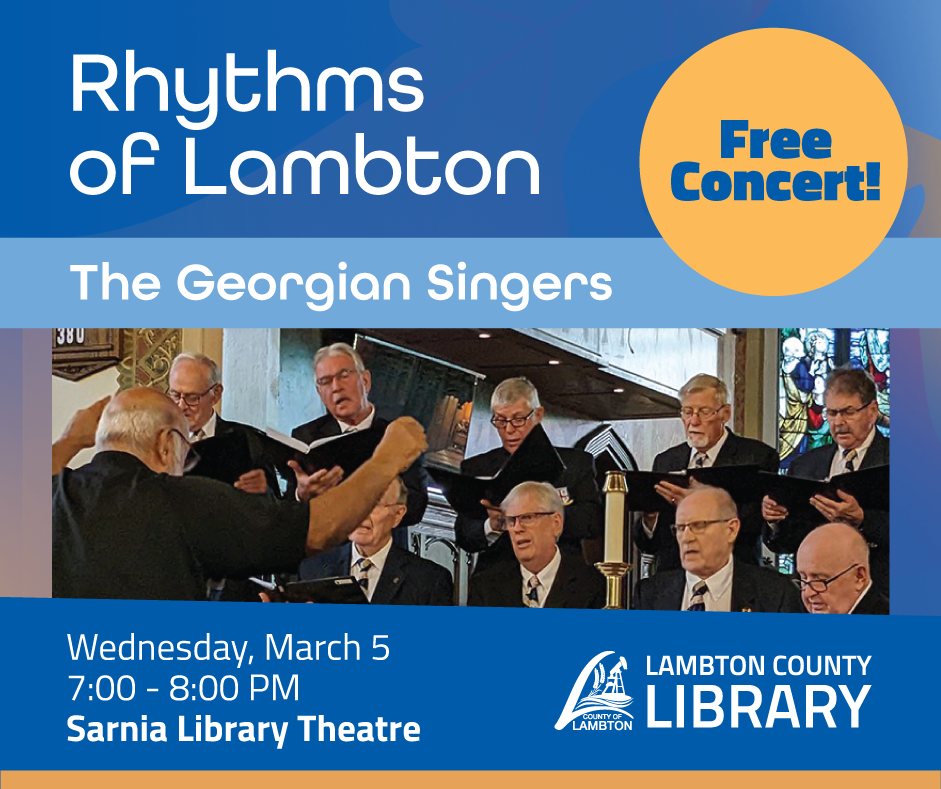 Rhythms of Lambton promotional graphic with text and photograph of the Georgian Singers