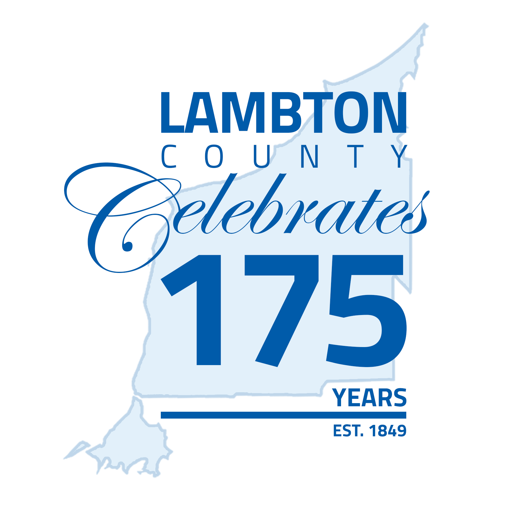 Logo with the map outline of Lambton County in light blue and dark blue text that says "Lambton County Celebrates 175 Years: est. 1849"